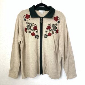 VTG Allison Daley Sweater Cardigan Women L Autumn Leaf Embroidered Grannycore